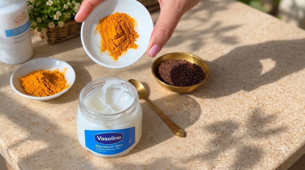 A flat lay composition showing a jar of Vaseline Petroleum Jelly surrounded by small white bowls of vibrant yellow turme