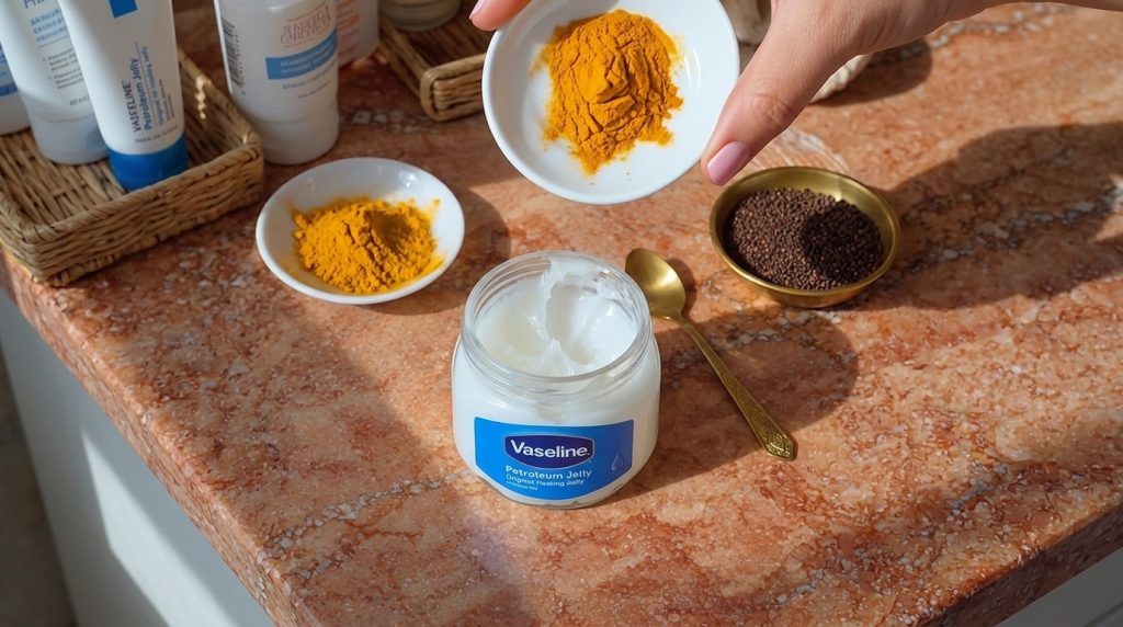 A top-down view of ingredients for a homemade beauty recipe featuring a bowl of vibrant yellow turmeric powder a jar of 