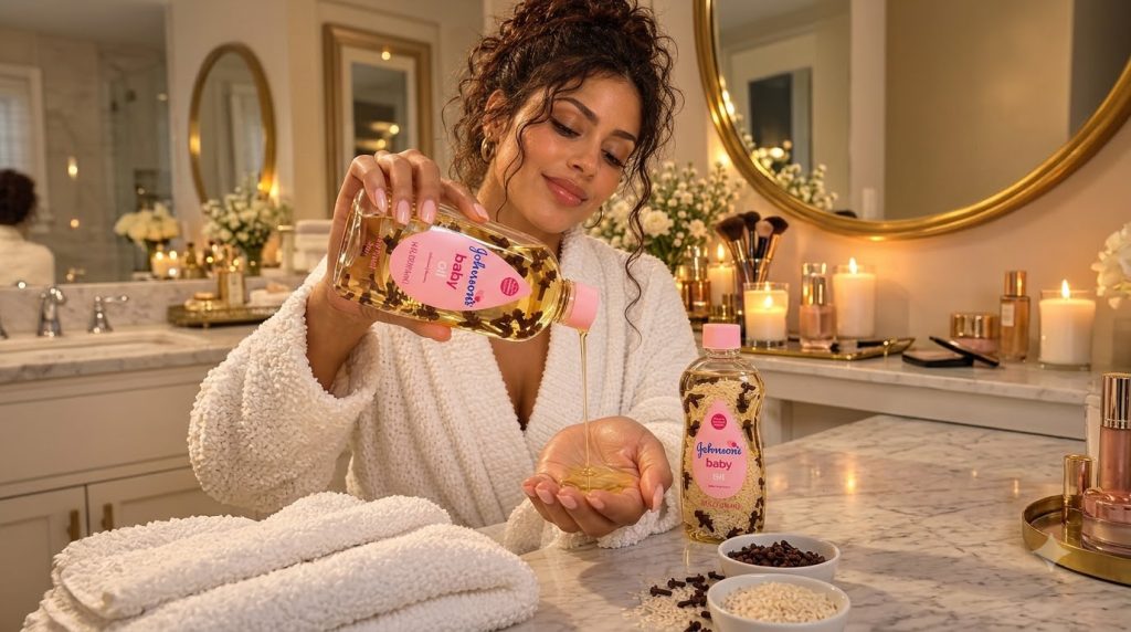 A woman in a white bathrobe pouring Johnson s baby oil infused with cloves and rice into her hand in a serene bathroom s