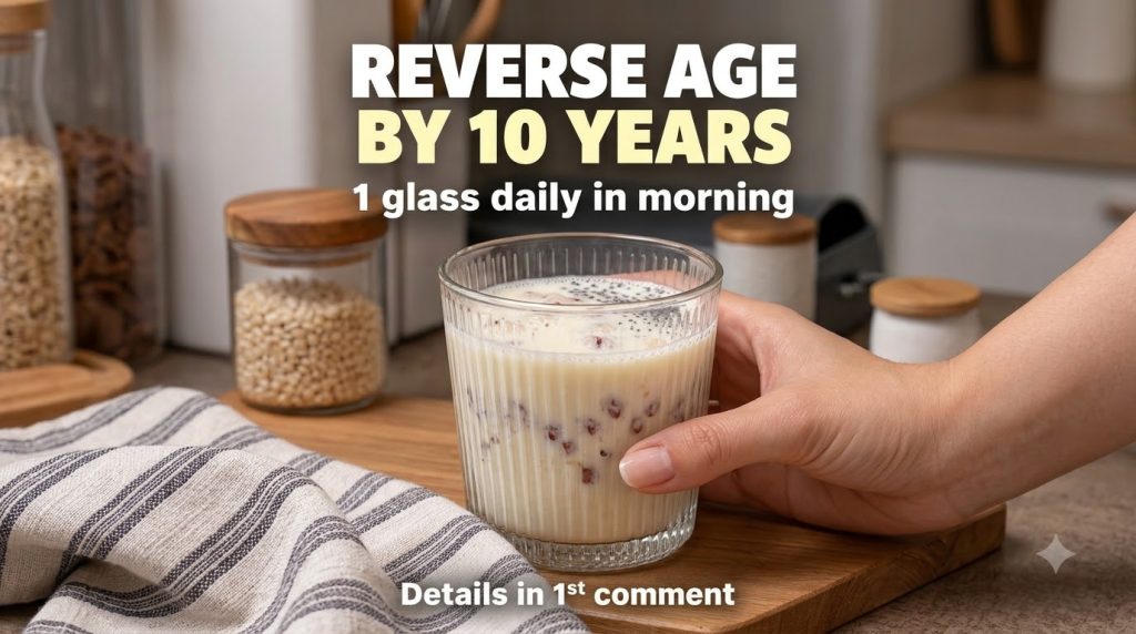 A hand holding a glass of creamy healthy-looking drink topped with red berries and chia seeds on a wooden board with a s