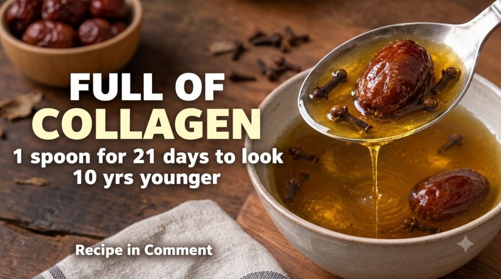 A spoonful of viscous amber-colored liquid containing a date and several cloves dripping into a matching bowl below whic