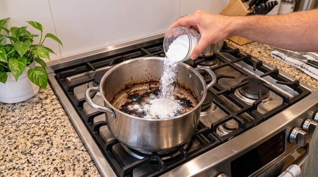 A close-up top-down view of a hand pouring white baking soda into a heavily burnt stainless steel pot on a gas stove Blu