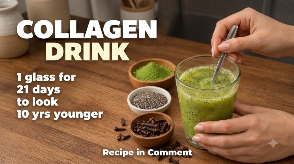 A pair of hands gently stirring a green chia seed-infused drink in a glass Around it on a wooden surface are small bowls