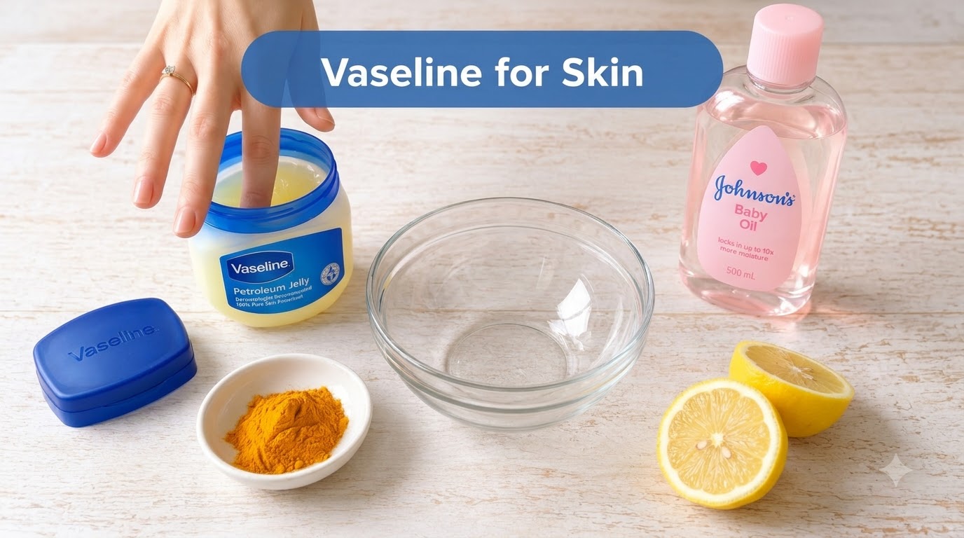 A top-down view of DIY skincare ingredients on a light wooden surface including a hand dipping into Vaseline a bottle of