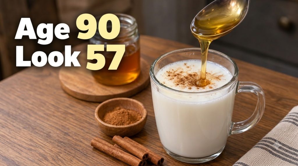 A close-up high-angle view of a glass mug with a milky drink topped with cinnamon with honey being poured into it In the
