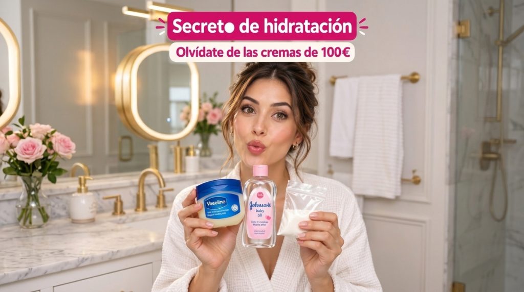 A cheerful woman making a kiss face expression holding up Vaseline petroleum jelly Johnson s baby oil and a small bag of