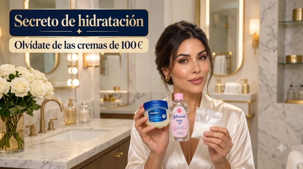 A woman holding three common skincare items Vaseline petroleum jelly Johnson s baby oil and a small bag of white powder