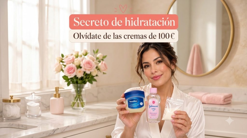 A smiling woman in a light-colored robe holding Vaseline Johnson s baby oil and a bag of rice flour in a bathroom The ba