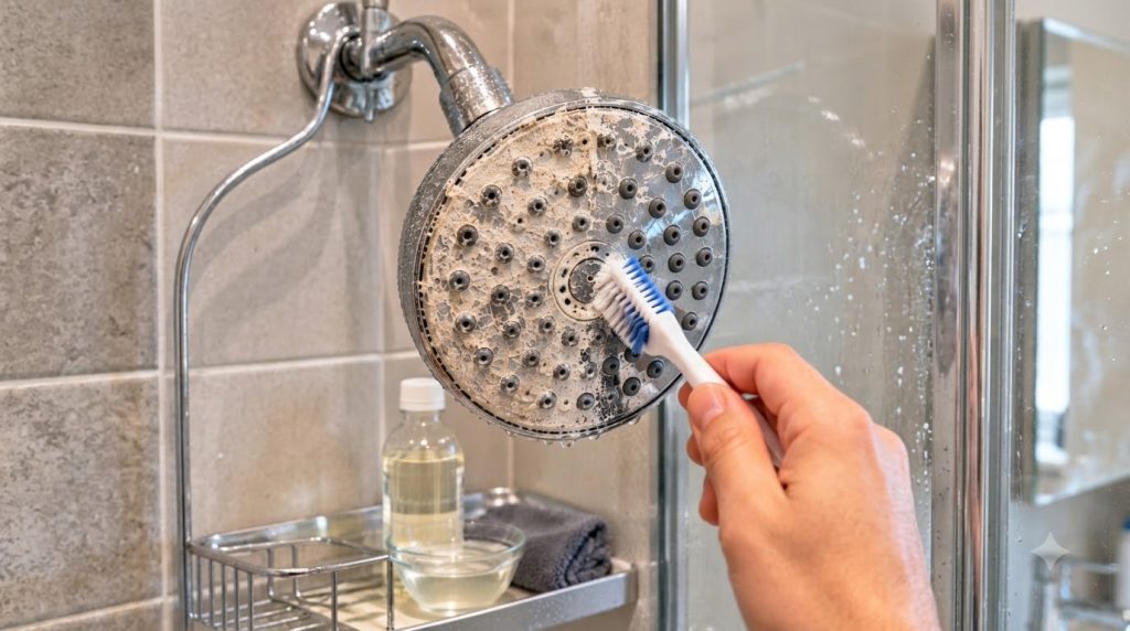 A hand using a blue and white toothbrush to scrub a chrome shower head that is heavily covered in limescale Water drople