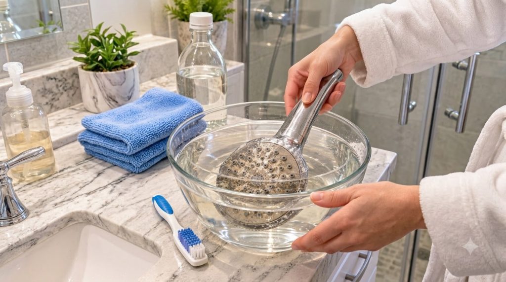 A person s hands holding a shower head submerged in a clear glass bowl filled with a vinegar-water solution A bottle of
