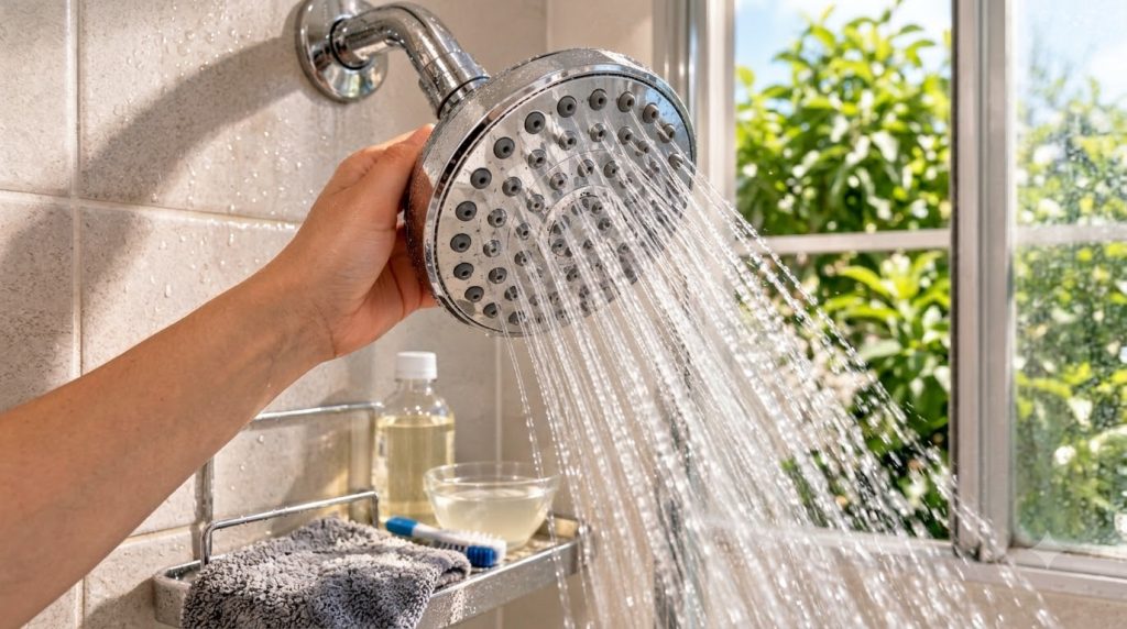 A hand holding a chrome shower head with strong water spray with a metal shelf below holding a bottle of yellow liquid a