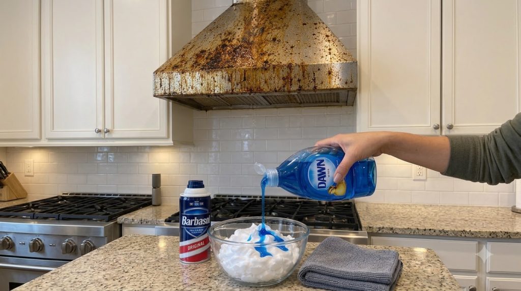 A hand pouring blue dish soap into a bowl of white shaving cream with a heavily soiled stainless steel range hood in the