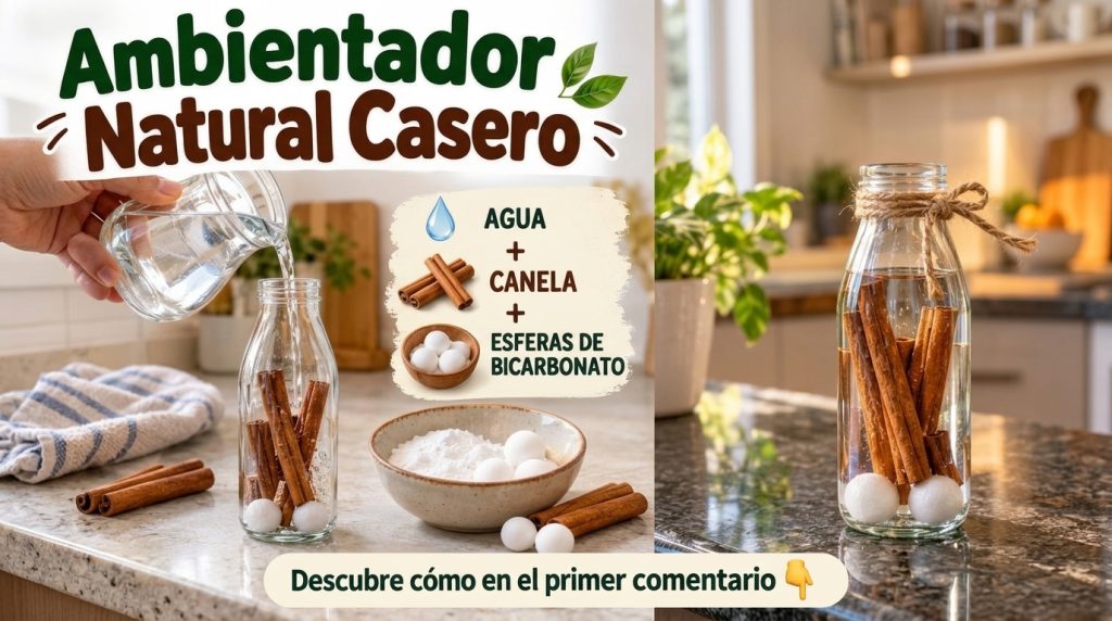 Manos preparando un ambientador casero con palitos de canela y líquido en una botella de vidrio