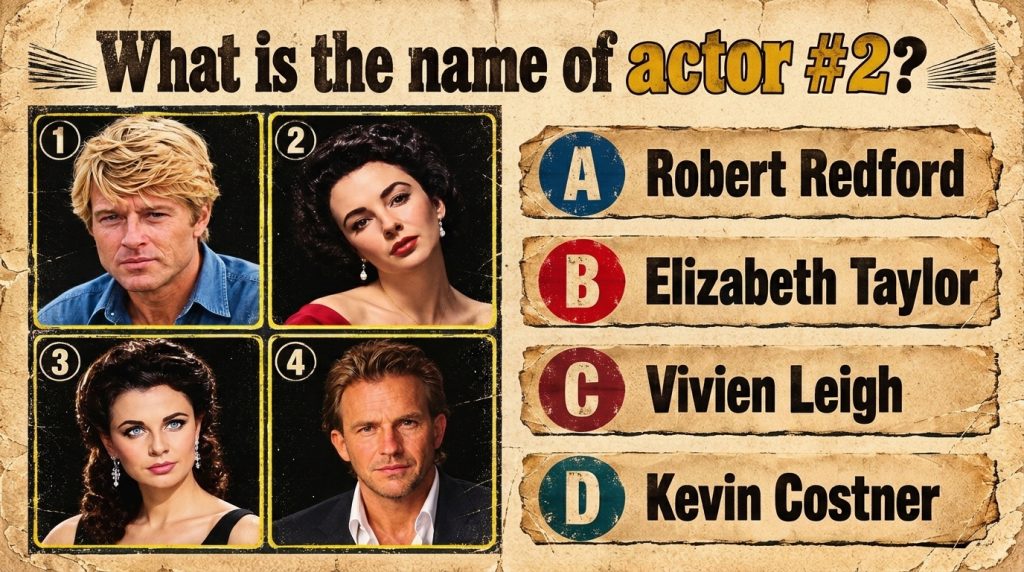 A vintage-style quiz poster resembling aged parchment featuring the question What is the name of actor 2 Four framed por