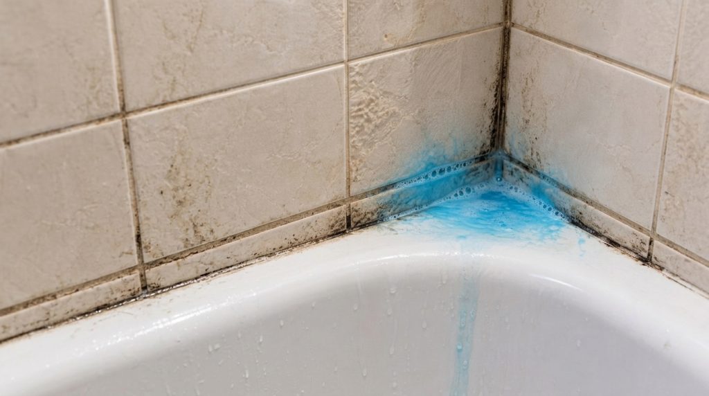 A close-up of a bathroom corner showing dark mold along grout lines and a blue foamy cleaner actively working on it with