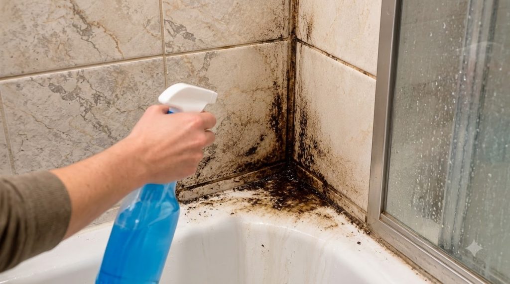A severely mold-infested bathroom corner where off-white tiled walls meet a white bathtub A hand holding a white and blu
