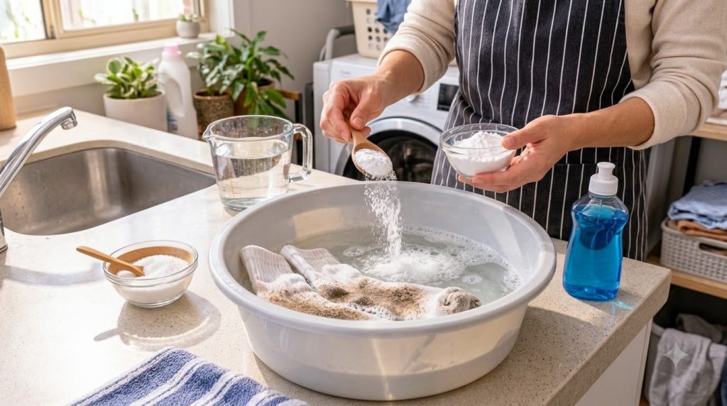 Hands adding white powder from a wooden spoon into a basin of water with dirty white socks with liquid soap and more pow