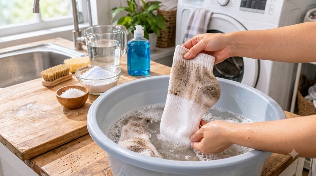 Hands gently washing a heavily soiled white sock in a basin filled with soapy bubbly water In the background a blue liqu