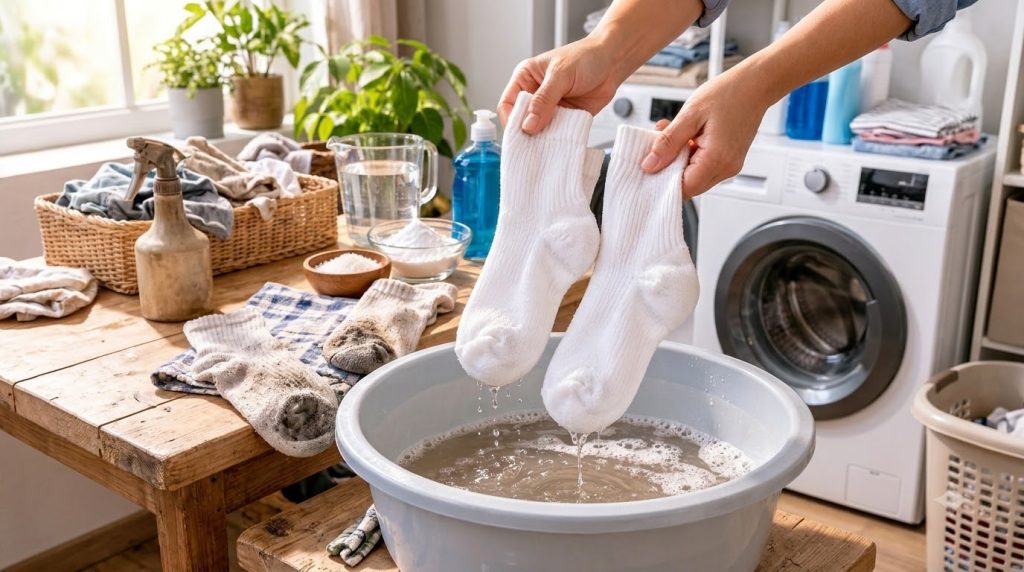 A pair of hands holding clean white socks with dirty water dripping into a basin In the background a dirty sock and clea