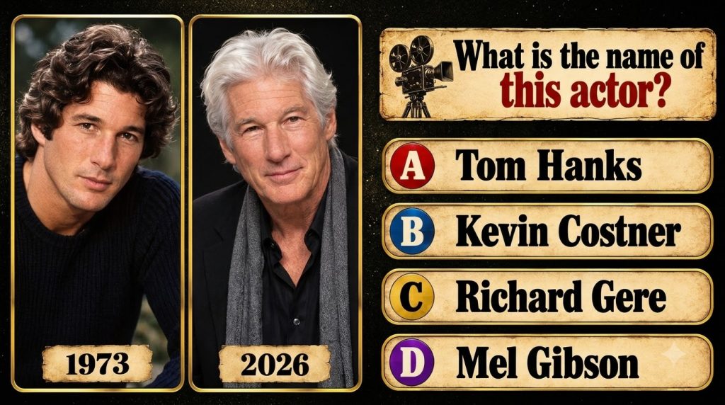A quiz layout featuring two portraits of Richard Gere one from 1973 and one conceptualized for 2026 framed in gold again