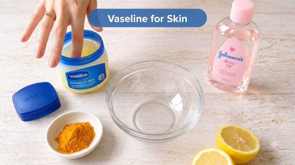 A flat lay of skincare ingredients on a light wooden surface featuring a hand dipping into petroleum jelly alongside tur