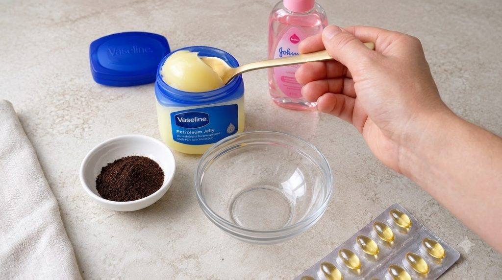 A flat lay showing ingredients for a DIY under-eye cream an open jar of Vaseline with a gold spoon a bottle of Johnson s