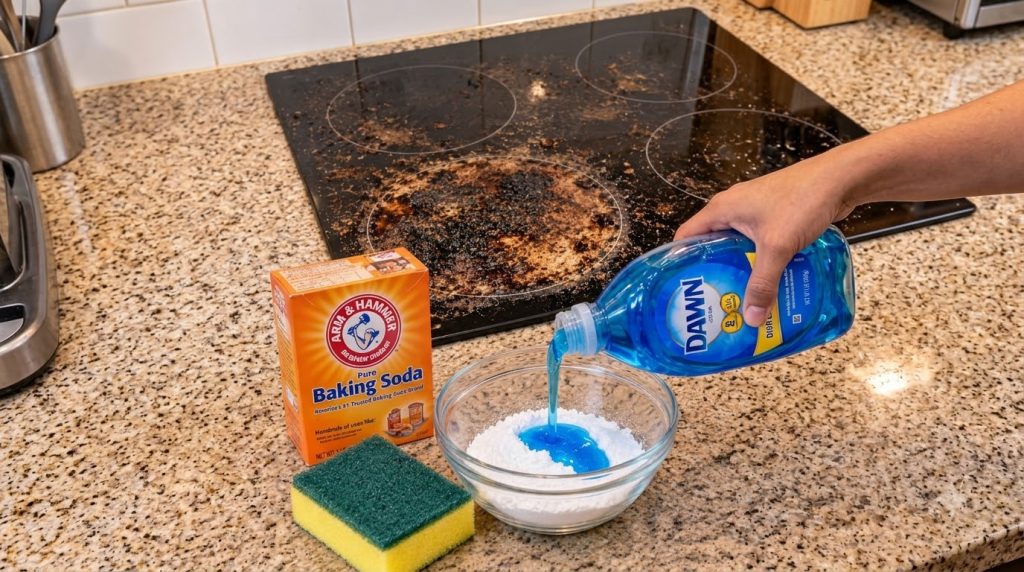 Una estufa de vidrio negra muy sucia cubierta de residuos de comida quemada con una mano vertiendo jabón azul Dawn en un