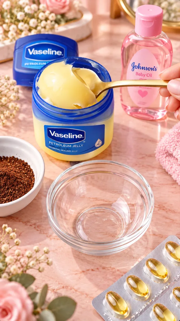 A warm and inviting arrangement of skincare ingredients and tools including an open jar of Vaseline a bottle of Johnson 