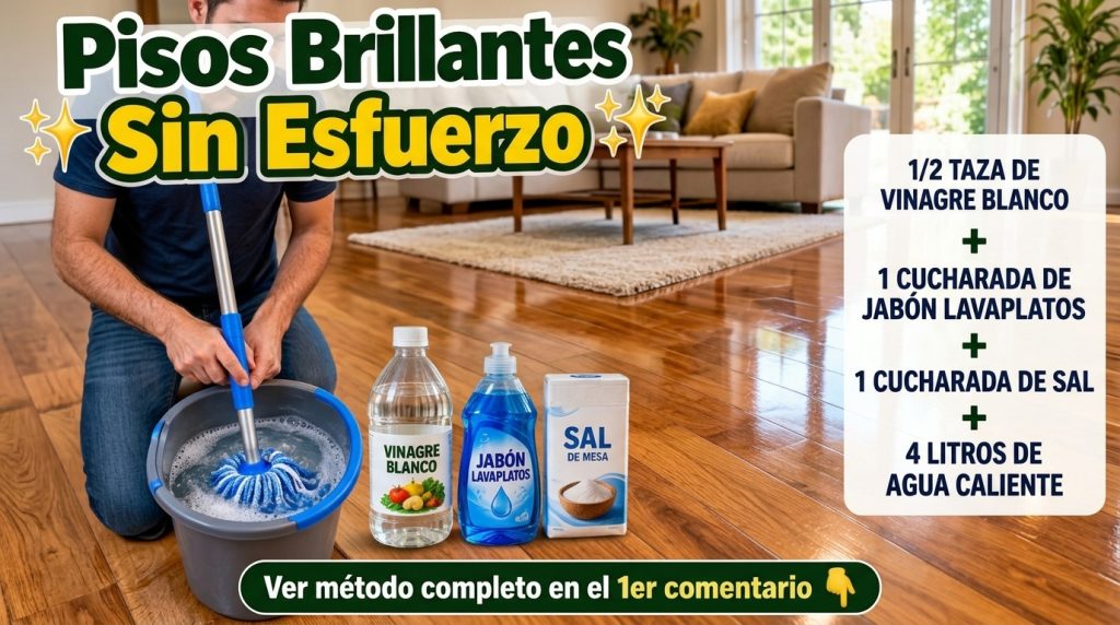 Three household products Morton Salt blue dish soap white vinegar are arranged on a polished wooden floor next to a blue