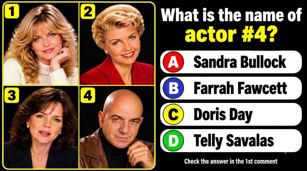 A vertical quiz graphic featuring four headshots of classic actors in a 2x2 grid at the top with a question below asking