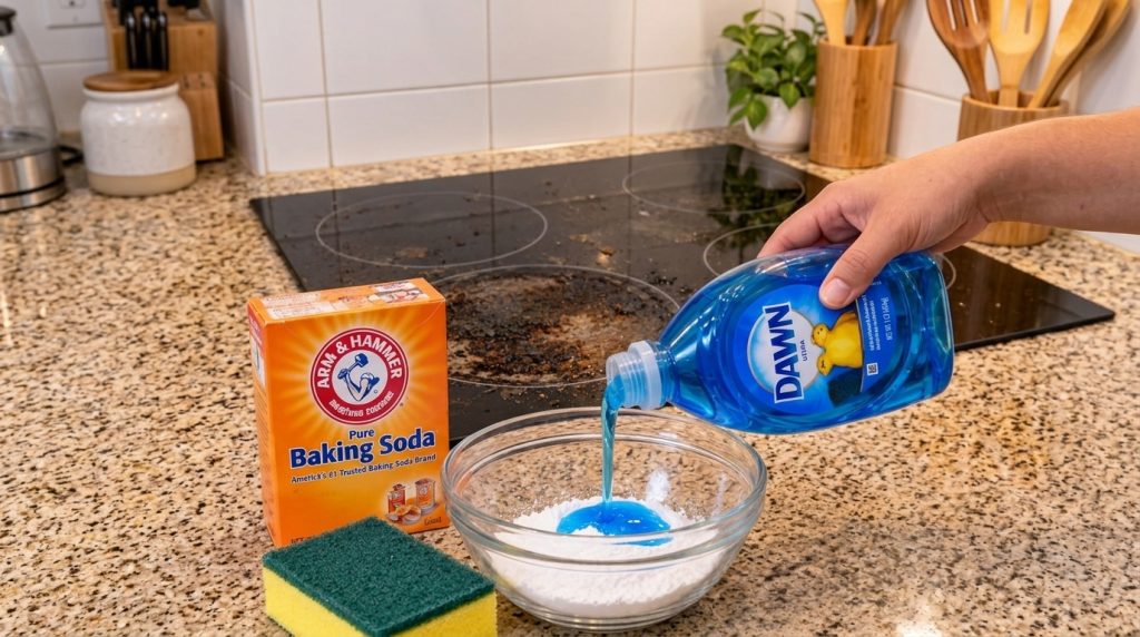 A dirty black induction stovetop next to cleaning supplies A hand is pouring blue dish soap into a bowl with baking soda