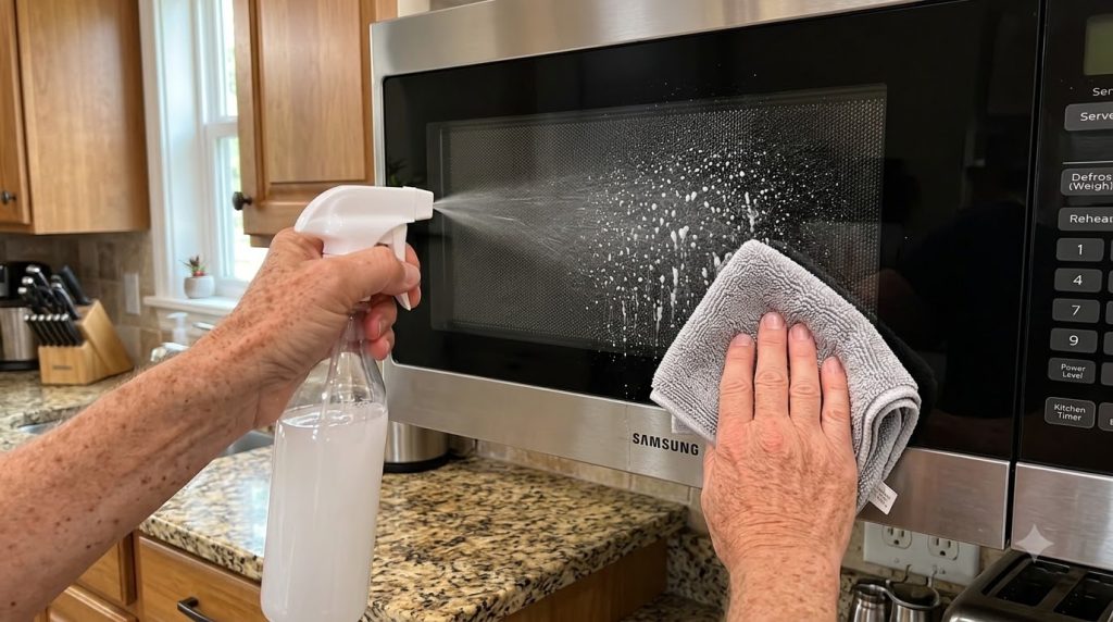 A person s hands actively cleaning a stainless steel and black glass microwave oven One hand sprays cleaning solution cr