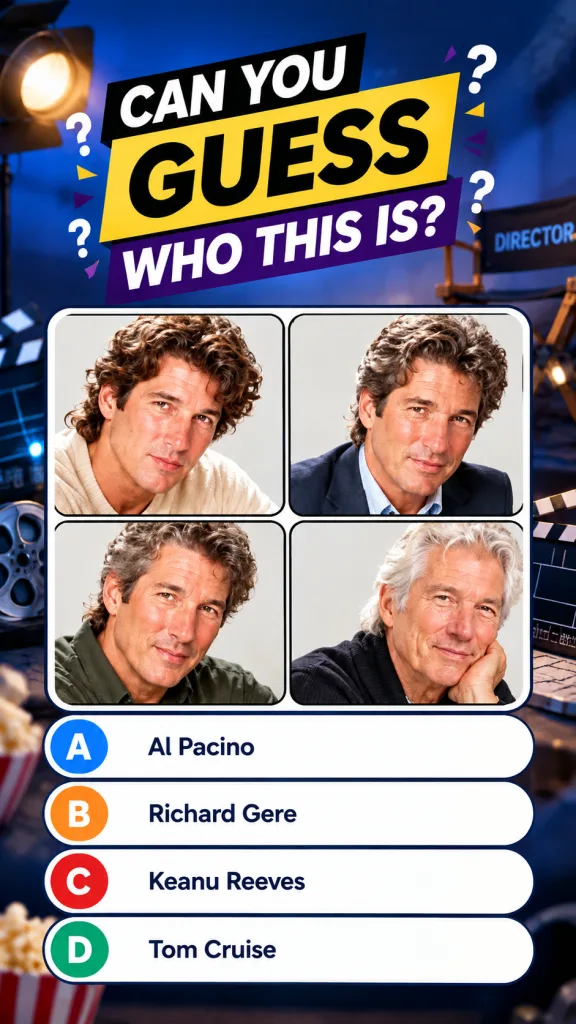 A quiz image featuring multiple headshots of actor Richard Gere at different ages set against a film-themed background w