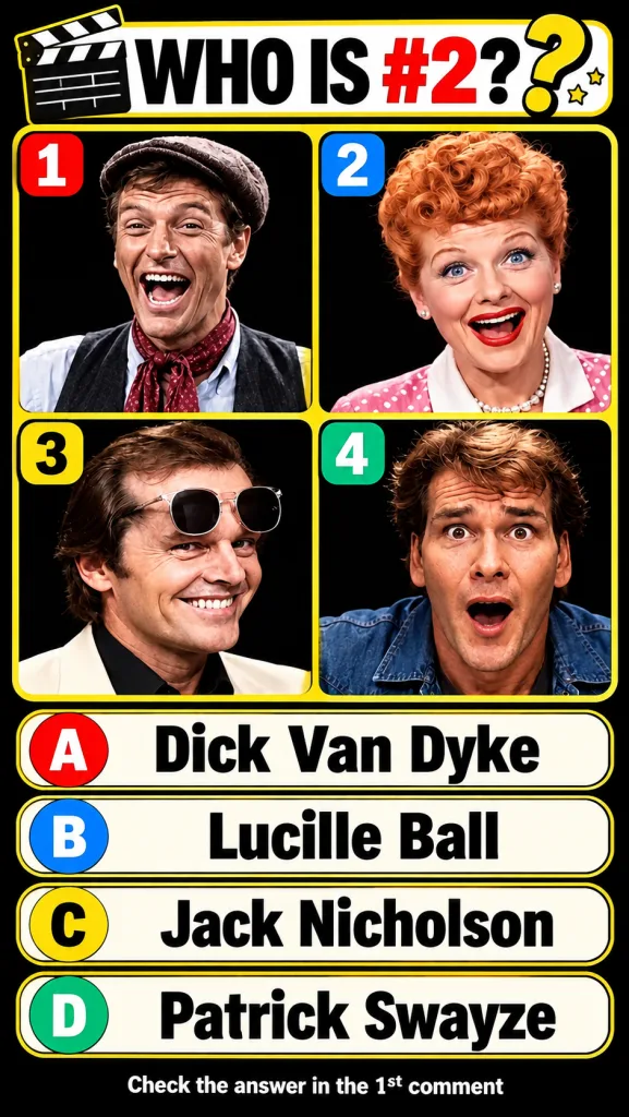 A trivia quiz poster featuring four iconic actors Dick Van Dyke Lucille Ball Jack Nicholson and Patrick Swayze arranged 