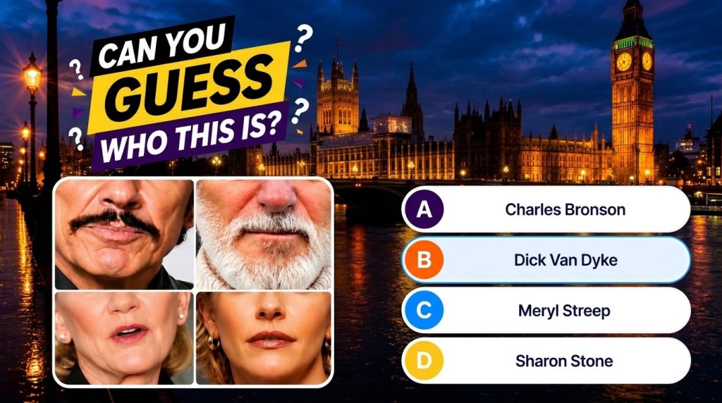 A quiz graphic showing a close-up of a celebrity s mouth nose and chin with multiple-choice options below The background