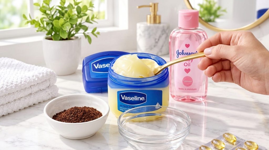 A top-down view of all the ingredients for the Vaseline Coffee Glow Mask laid out on a clean light surface with a spoon