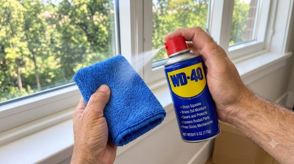 Hands spraying WD-40 onto a blue microfiber cloth with a blurred window background