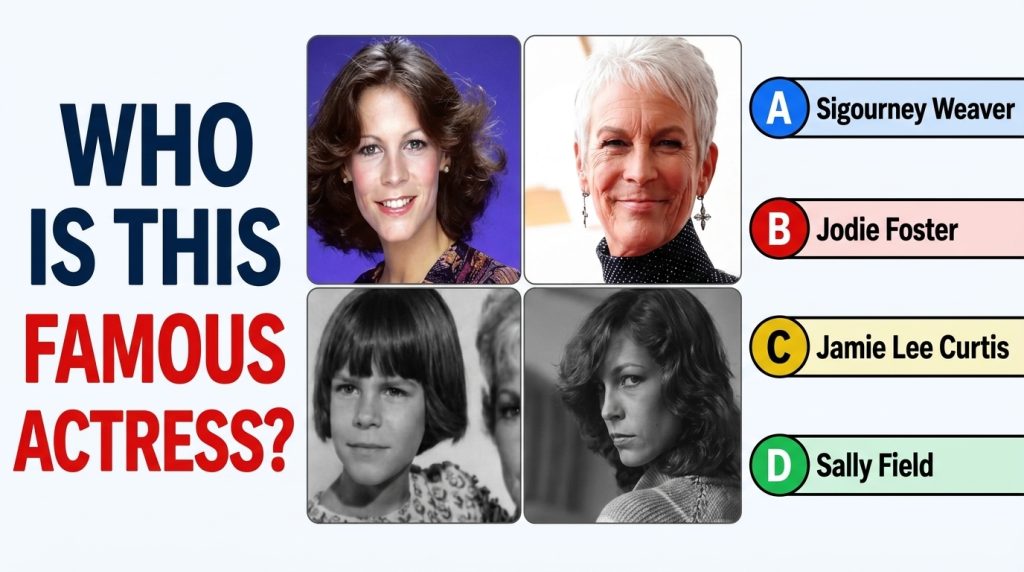 A 2x2 grid quiz image showing four portraits of Katharine Hepburn at different life stages with multiple-choice options 