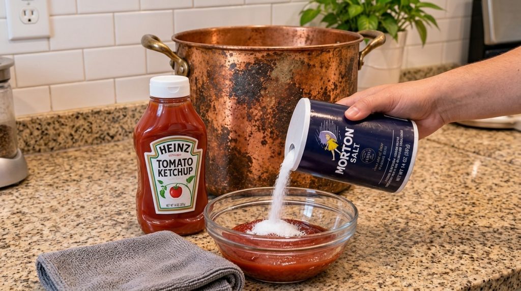 A hand pouring Morton salt into a glass bowl of Heinz tomato ketchup with a bottle of Heinz ketchup and a grey towel nea