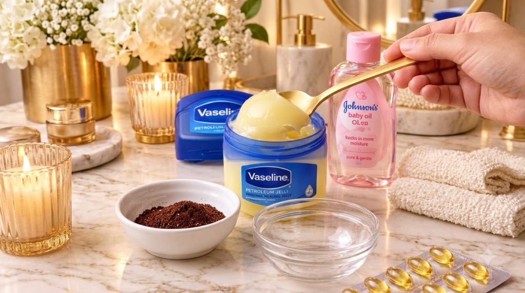 A well-lit bathroom counter with an open Vaseline jar and gold spoon baby oil a bowl of coffee grounds an empty glass bo