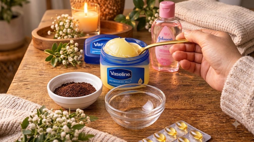A flat lay of ingredients for the Vaseline Coffee Glow Mask including an open jar of Vaseline ground coffee baby oil and