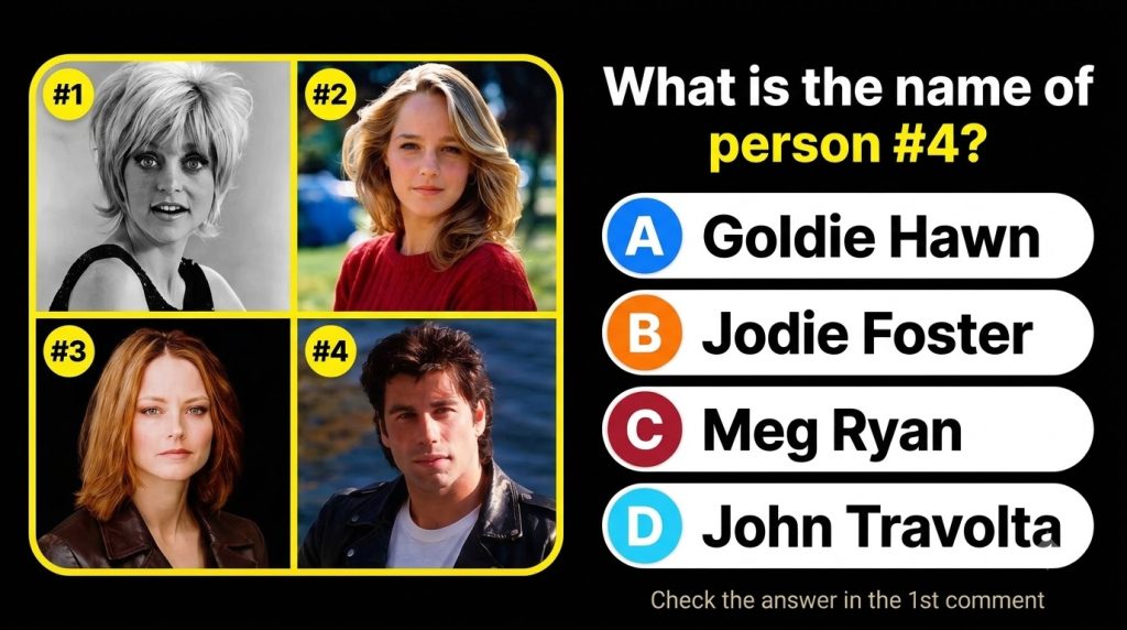A quiz poster featuring a 2x2 grid of celebrity headshots Goldie Hawn Helen Hunt Jodie Foster and John Travolta with a q