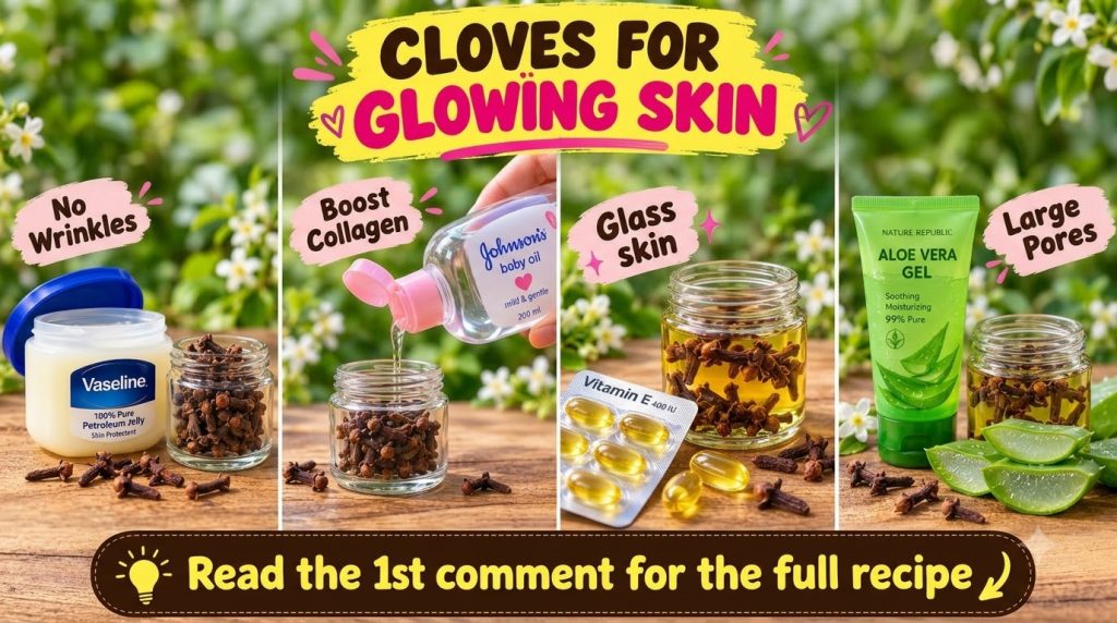 A 2x2 grid composite image showing different beauty hacks with cloves Top-left Vaseline and cloves for No Wrinkles Top-r