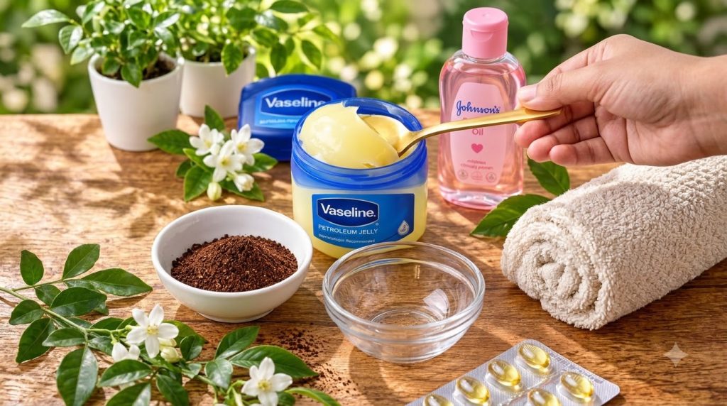 Various skincare and beauty items including Vaseline baby oil ground coffee an empty glass bowl and vitamin capsules arr