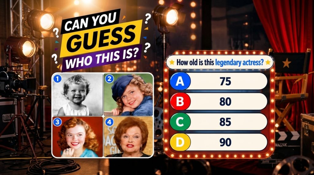 Quiz image featuring four portraits of Elizabeth Taylor at different life stages against a theatrical backdrop with marq