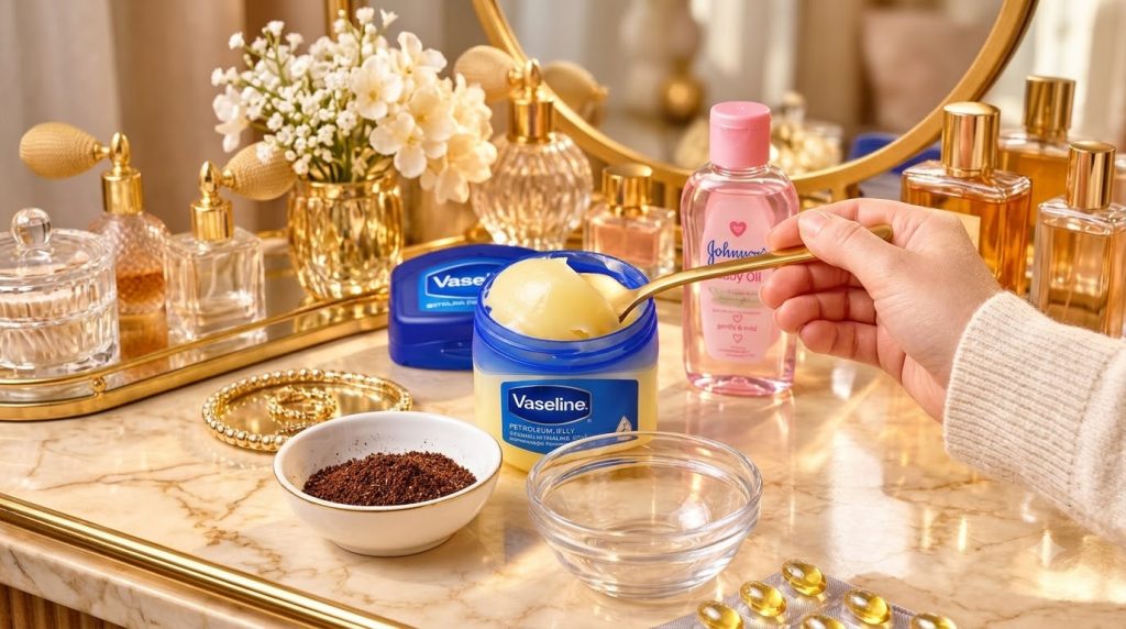 Overhead shot of Vaseline baby oil ground coffee and vitamin E capsules on a marble countertop with a spoon in Vaseline