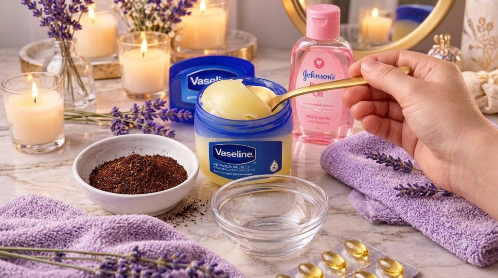 A warm flat lay of DIY skincare ingredients on marble with an open Vaseline jar baby oil coffee grounds vitamin E capsul