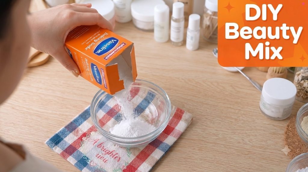 A hand pouring white baking soda powder from a box into a clear glass bowl on a plaid cloth Other cosmetic containers ar