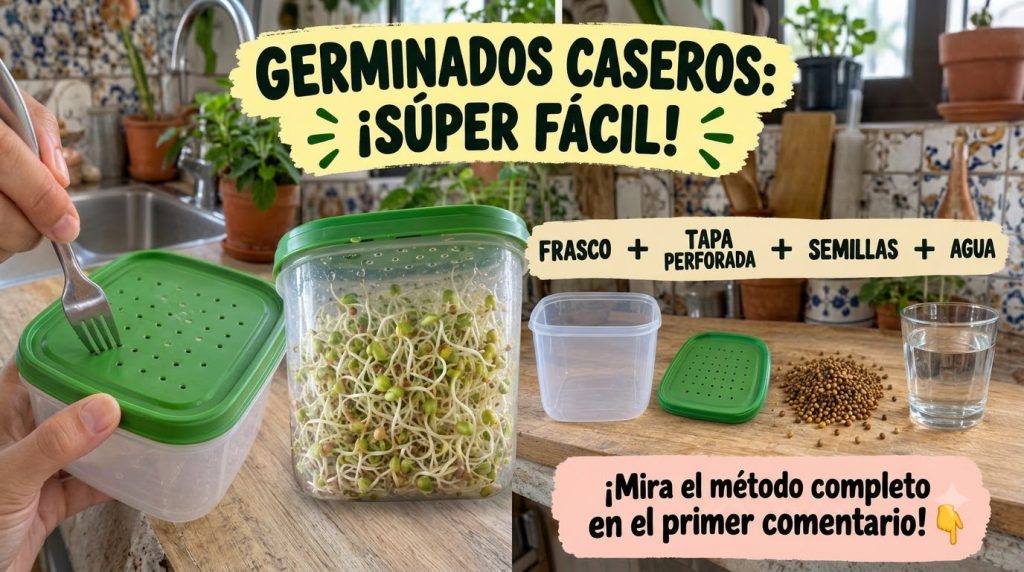 Manos de adulto perforando una tapa de plástico verde con un tenedor de metal sobre una tabla de cortar de madera