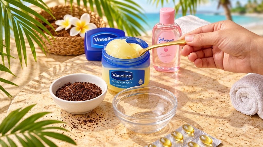 Various skincare ingredients for the DIY mask are laid out on a sandy surface including Vaseline baby oil coffee grounds